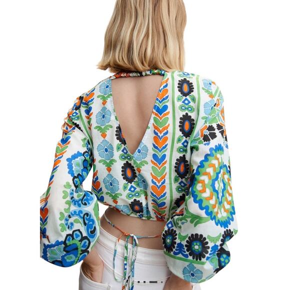 Mango Women's Printed Puff Sleeve Blouse Long Sleeve Top Size Medium - Picture 3 of 12